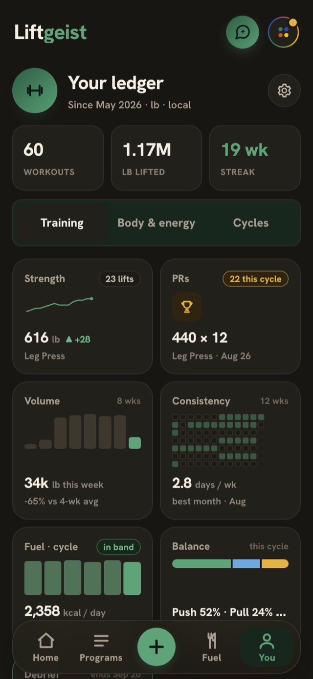 The ledger: 60 workouts, 1.17 million pounds lifted, a 19 week streak, then strength, PR, volume and consistency tiles