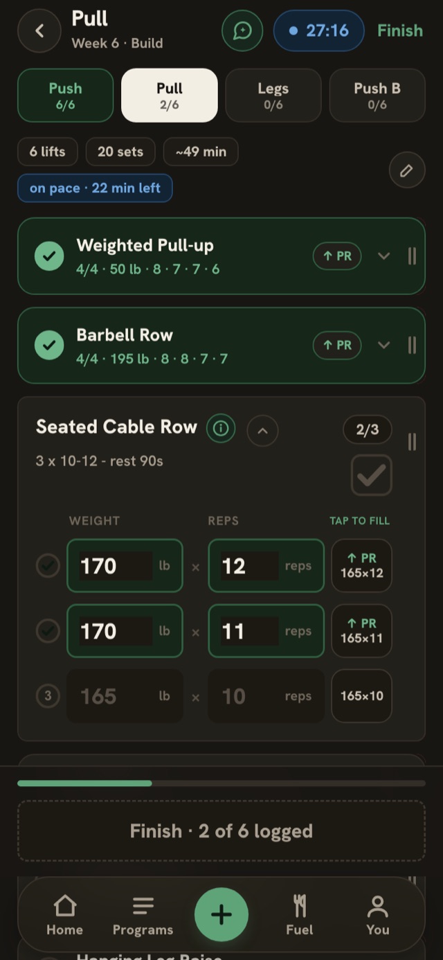 A training day 27 minutes in: Weighted Pull-up and Barbell Row finished with PR flags, Seated Cable Row at 170 lb beating last week, 2 of 6 lifts logged