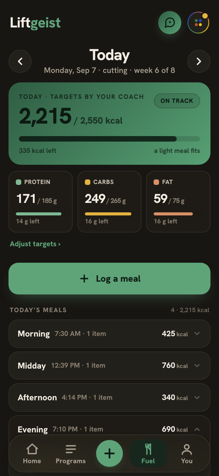 The Fuel screen: 2,215 of 2,550 kcal eaten, protein, carbs and fat against targets, today's meals grouped by time of day
