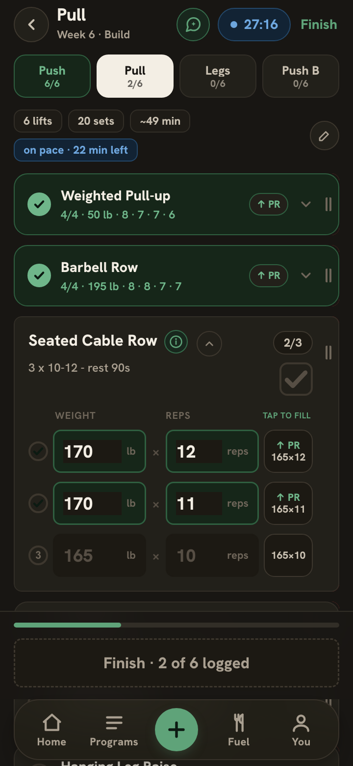 A training day 27 minutes in: Weighted Pull-up and Barbell Row finished with PR flags, Seated Cable Row at 170 lb beating last week, 2 of 6 lifts logged